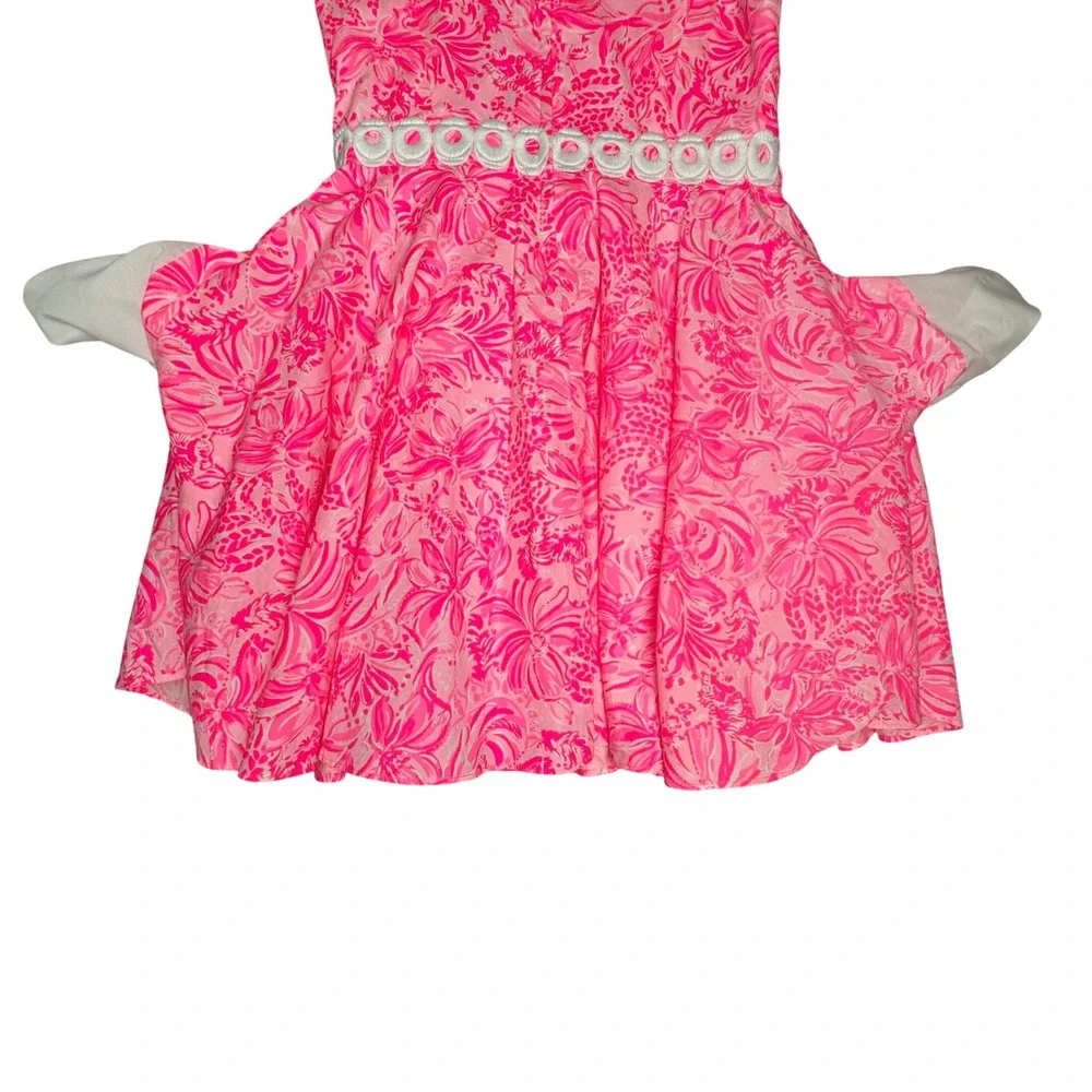 Lilly Pulitzer Girls Pink White Floral Lace Trim Sleeveless Flare Dress Size 8